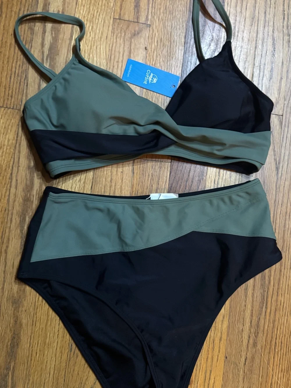 Cupshe Olive & Black Two-Tone High-Waist Bikini Set